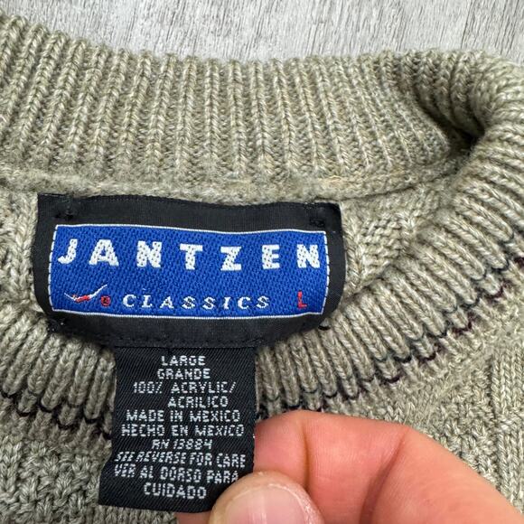 Vintage Jantzen Sweater Men's Large Tan Crewneck Geometric Fair Isle 90s Cabin - Picture 4 of 6